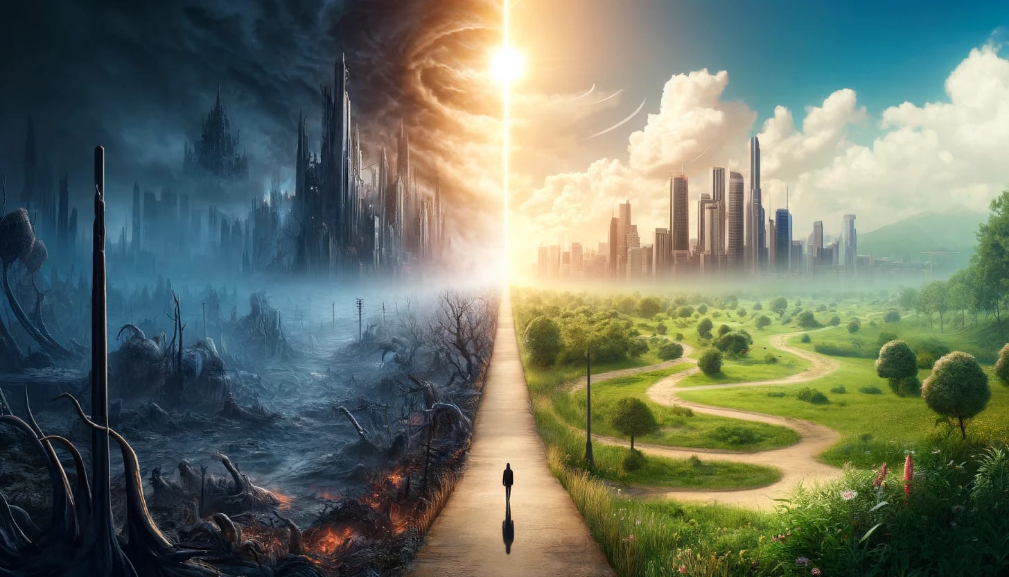 A scene with two distinct paths diverging in a surreal landscape. On the left, the path leads to a dark, nightmare dystopia with decaying buildings, dead trees, and a gloomy, overcast sky. The atmosphere is eerie and foreboding, with shadows and twisted, barren terrain. On the right, the path leads to a bright, futuristic utopia with sleek, modern architecture, lush green parks, and a clear, sunny sky. The atmosphere is vibrant and welcoming, with advanced technology and thriving nature. The contrast between the two paths is stark and dramatic.