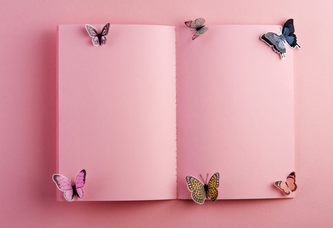 pink book opened to blank pages with multicolored butterflies attached to the outer edges of each page