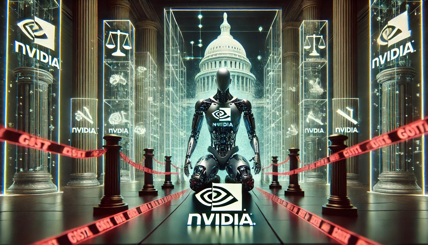 A 16:9 futuristic illustration symbolizing Nvidia technology appearing exhausted under the weight of heavy U.S. regulations. The scene features a sleek Nvidia-branded AI robot slumped and glowing dimly, surrounded by towering holographic barriers displaying regulatory symbols, like gavels and locks. The U.S. Capitol is faintly visible in the background, with a web of glowing red tape wrapping around the robot. The environment conveys a sense of struggle and restriction, with data streams slowed or halted, emphasizing the burden of strict oversight on Nvidia's technology.