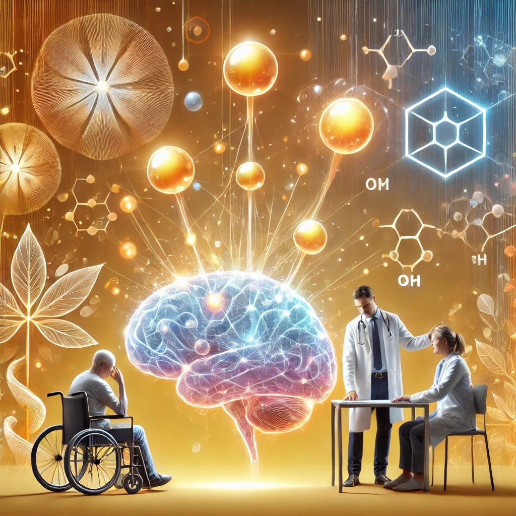 A modern and professional medical illustration depicting psilocybin therapy for end-of-life distress in advanced cancer patients. The image features a warm and uplifting color palette with shades of orange, gold, and soft blues to evoke a sense of positivity and innovation. The central focus is a symbolic representation of psilocybin molecules interacting with the brain, depicted through glowing neural connections and a subtle overlay of abstract medical icons. In the background, a compassionate doctor is seen discussing treatment with a patient in a comforting, supportive clinical setting. The overall style is clean, modern, and approachable, with elements that enhance understanding of the topic, such as stylized neurons and molecular structures.