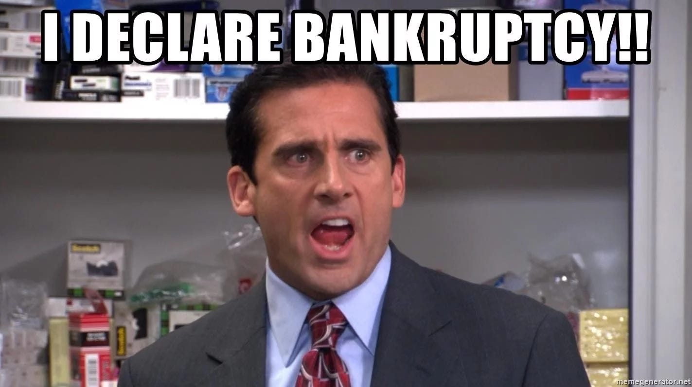 Michael Scott, from the TV show, The Office, with his mouth open mid-declaration - the title above him reads "I DECLARE BANKRUPTCY!"