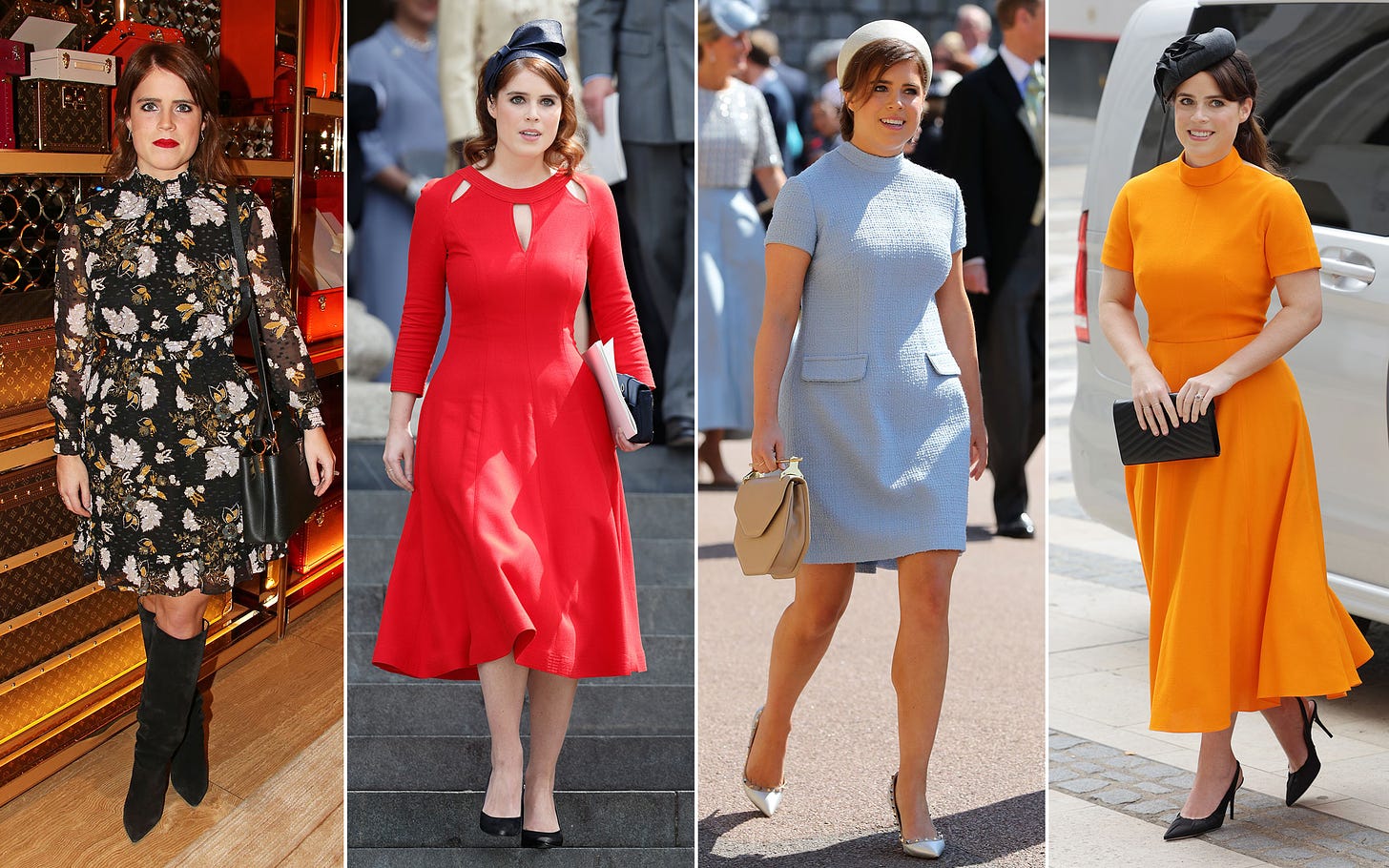 Princess Eugenie pictured in a floral dress, red dress, blue dress and orange dress