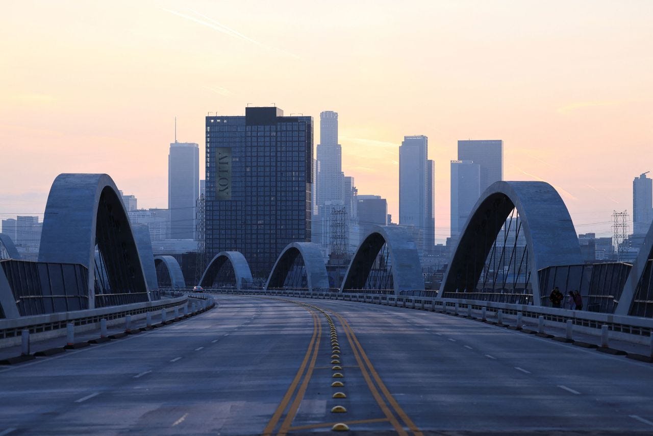 A view of the Sixth Street Bridge, empty after a curfew was issued for downtown Los Angeles.