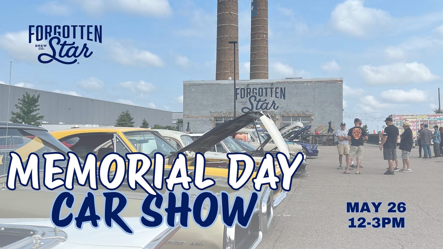 May be an image of 5 people, car and text that says 'FORSOTTEN CO. BREW Star FORGOTTEN Kary tar MEMORIAL ORIALDAY DAY CAR SHOW E dano MAY 26 12-3PM'