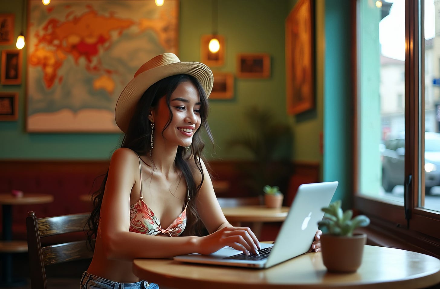 Young woman typing on a MacBook Pro in a cafe.