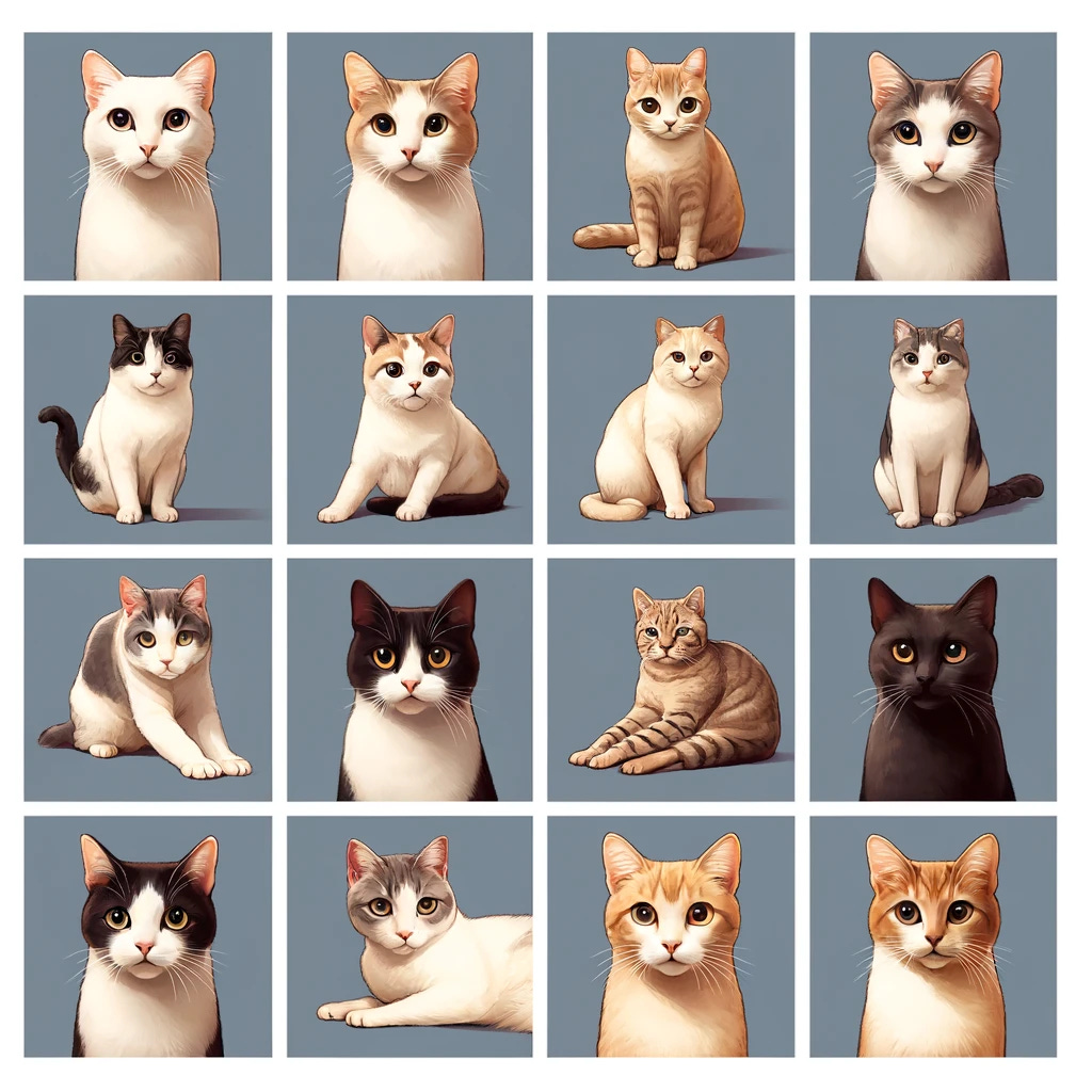 Illustration of a grid of cat photos suitable for a convolutional neural network training dataset. The image should feature nine different cats, each in a distinct pose. The cats should vary in breed, color, and size, and each should be displayed in a separate square of the grid. Poses should include sitting, lying down, stretching, and jumping. Each photo should have a plain background to emphasize the cat and its pose clearly. The overall style should be clean and precise, ideal for an artificial intelligence training set.