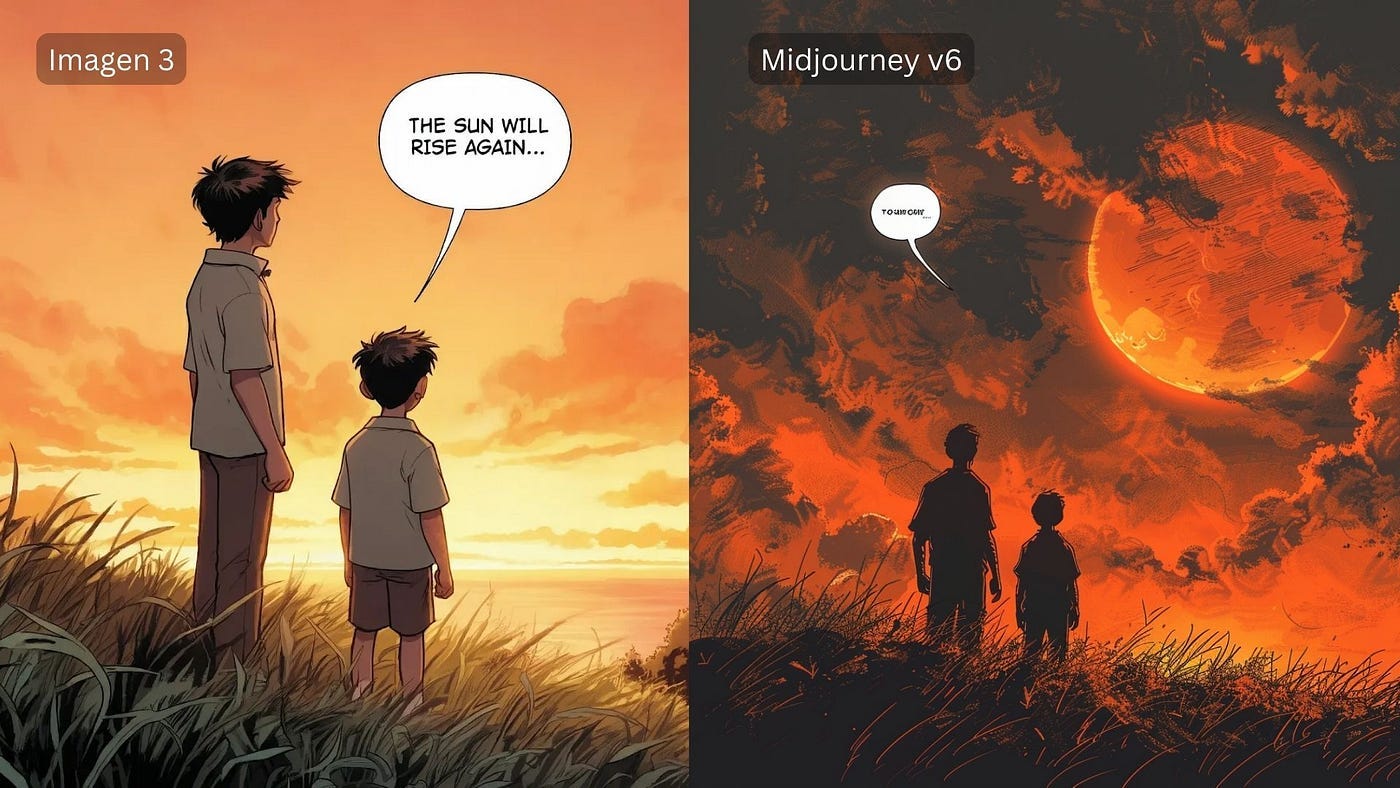 A single comic book panel of a boy and his father on a grassy hill, staring at the sunset. A speech bubble points from the boy’s mouth and says: ‘The sun will rise again’. Muted, late 1990s coloring style