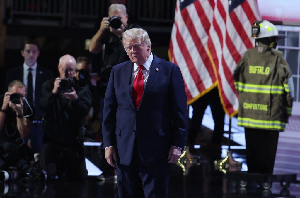 Donald Trump appears onstage on Day 4 of the Republican National Convention (RNC), at the Fiserv Forum.