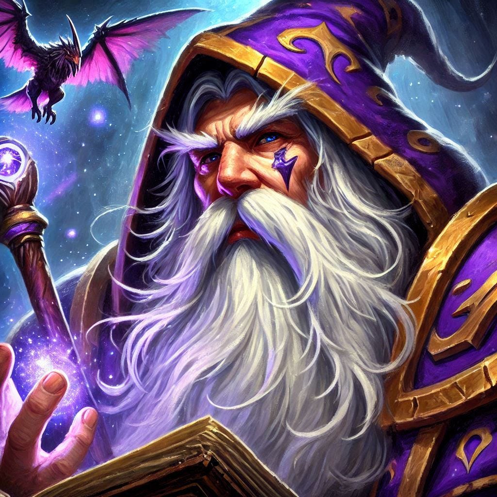 A wizard wearing purple with a white beard painting, world of warcraft illustration