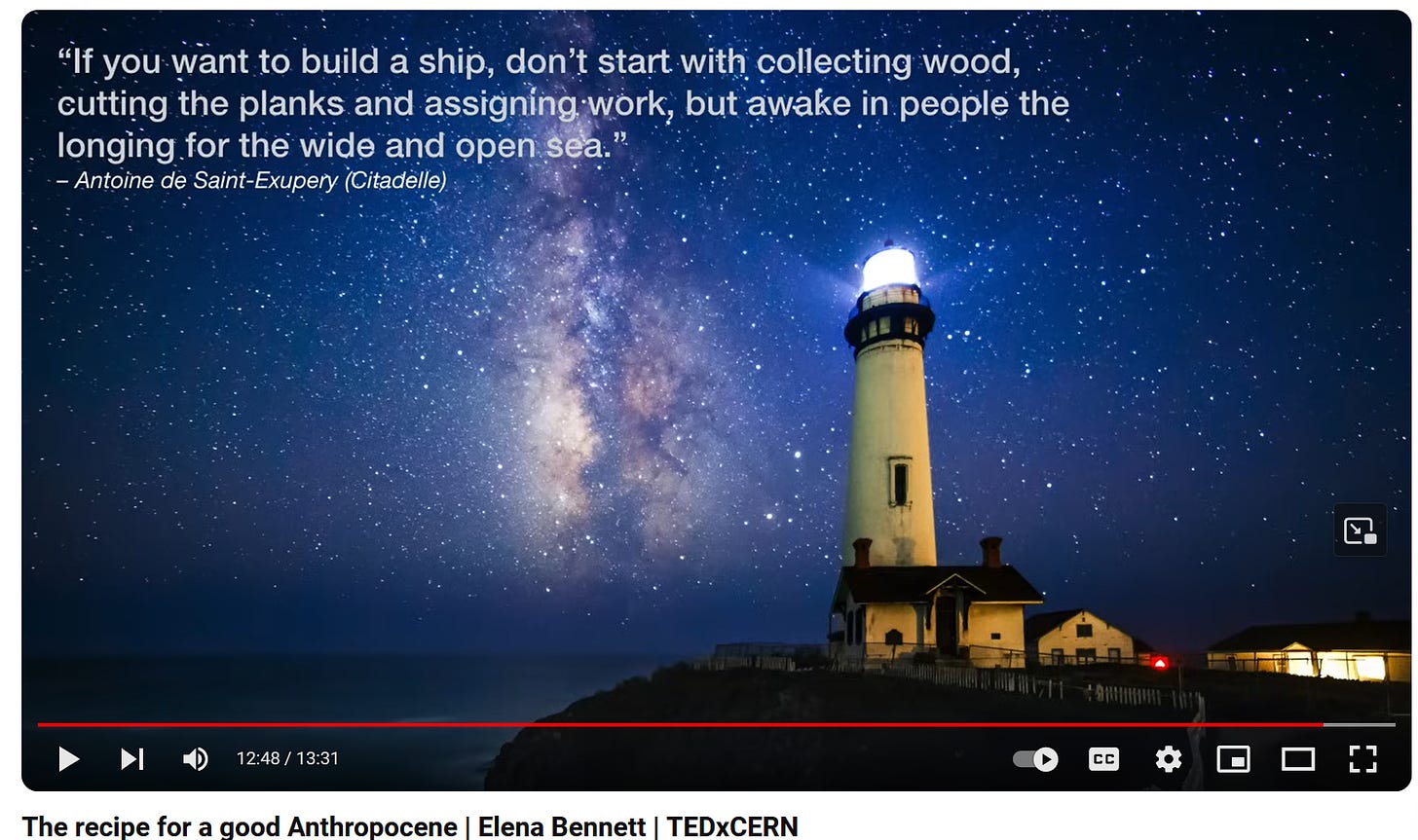 screenshot from Elena Bennett's ted talk: "If you want to build a ship, don't start with collection wood, cutting the planks and assigning work, but awake in people the longing for a the wide and open sea." — Antoine de Saint-Exupery