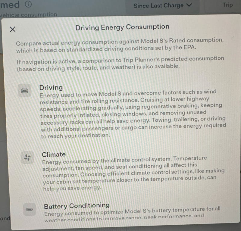An image of the Tesla Energy App's help UI explaining the difference between EPA rated range and real-world range, with sections covering different topics like Driving (speed, acceleration, towing, etc), Climate, and others.
