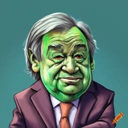 satirical drawing of UN Secretary-General António Guterres in an ogre character