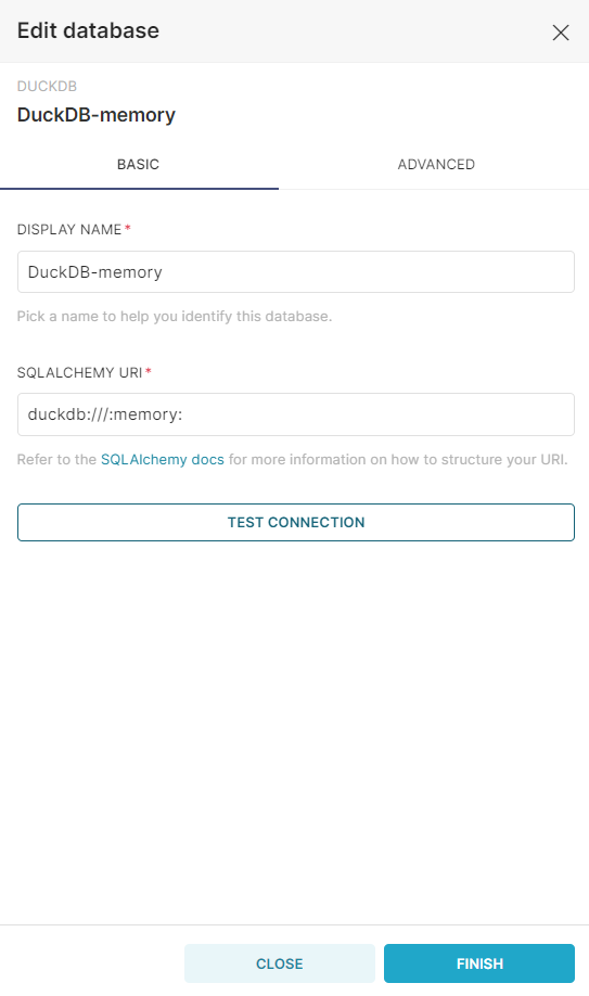 DuckDB database connection configuration in Superset UI