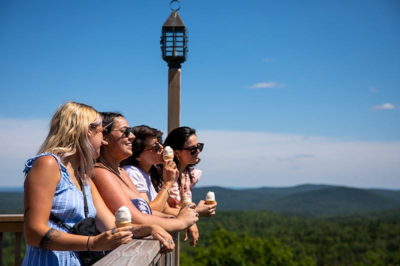 Four people take in the scenery atop a lookout tower while eating creemees.