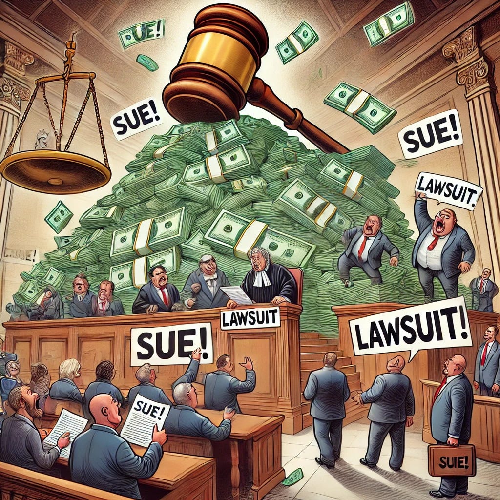 An illustration depicting the excessive lawsuit mentality in the US. The image shows a courtroom with exaggerated elements: a judge with a huge gavel, lawyers with stacks of papers reaching the ceiling, and people in the gallery holding signs that say 'Sue!' and 'Lawsuit!'. There are dollar signs floating around, and a scale of justice tipping heavily to one side. The overall scene should convey a sense of absurdity and excess in the legal environment.