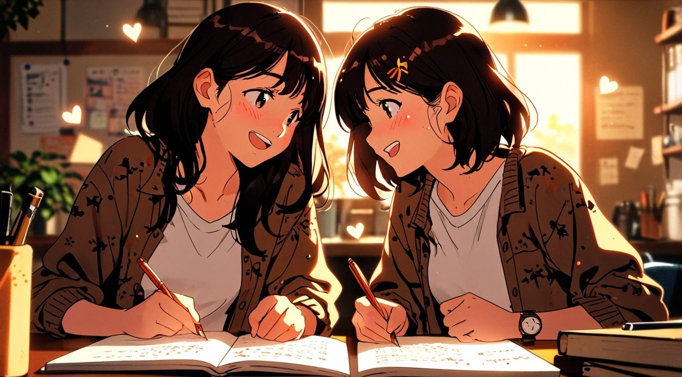 ilustración de una mujer y su doble trabajando felices juntas