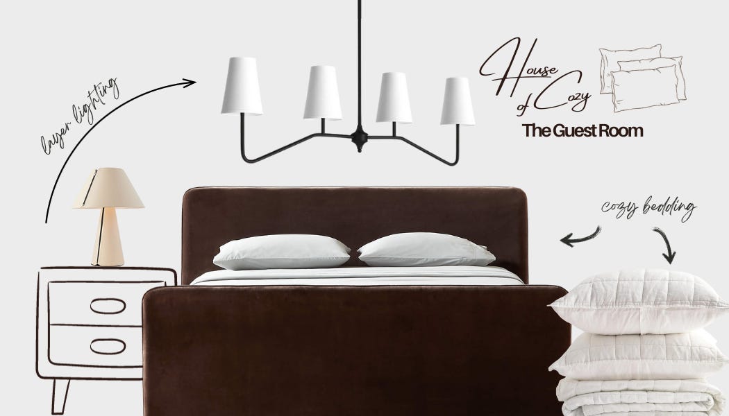 A modern guest room setting featuring a brown bed with white pillows and a white bedside table with a contemporary lamp. Above the bed, a chandelier with multiple white shades hangs. Annotations point out "layered lighting," the "House of Cozy" logo with a line-drawn illustration of pillows, "The Guest Room" text, and a stack of fluffy white bedding with the note "cozy bedding.