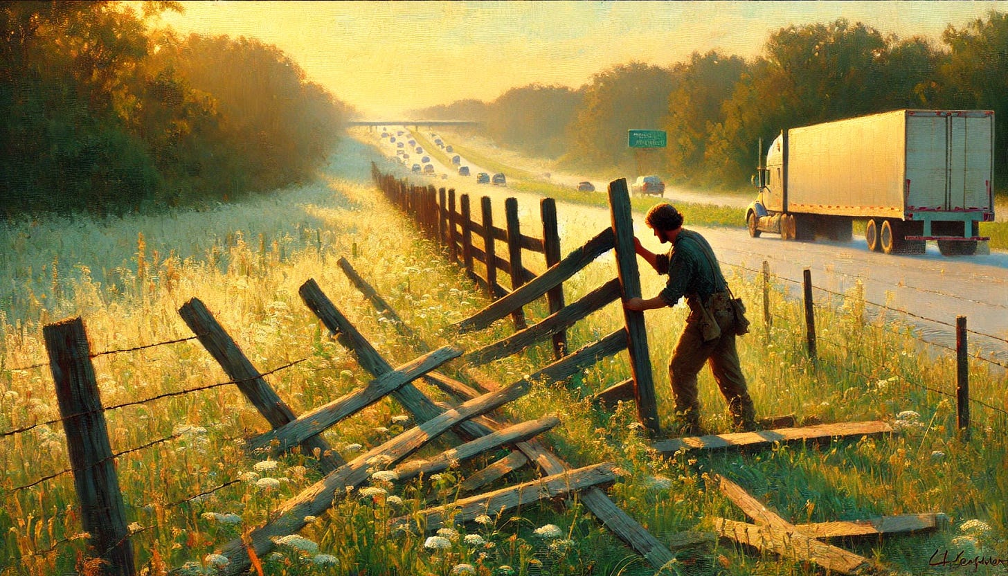 An impressionist-style painting of a person removing a partially dismantled wooden fence along the edge of a grassy field bordering a highway. Early morning sunlight casts warm, dappled light across the scene, with portions of the fence already removed, creating a visual flow between the open field with wildflowers and the road beyond. The person is focused on pulling up a remaining fence post, dressed in work clothes, with soft brush strokes that capture a peaceful yet purposeful atmosphere. Cars on the distant highway appear as soft, blurred shapes.