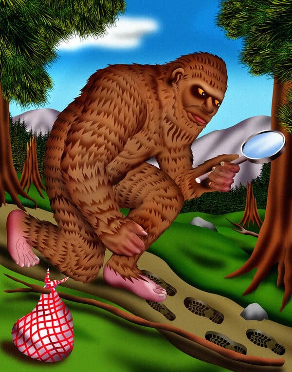 The image portrays a large, furry, brown bigfoot holding a magnifying glass and examining footprints in the dirt. 