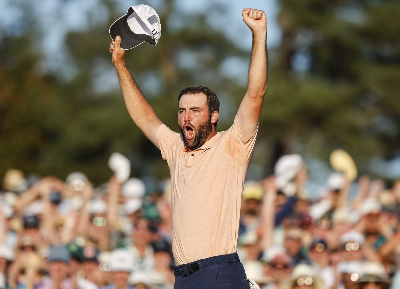Scheffler celebrates on the 18th green after winning at Augusta National in Georgia. (Erik S Lesser/EPA-EFE/Shutterstock)