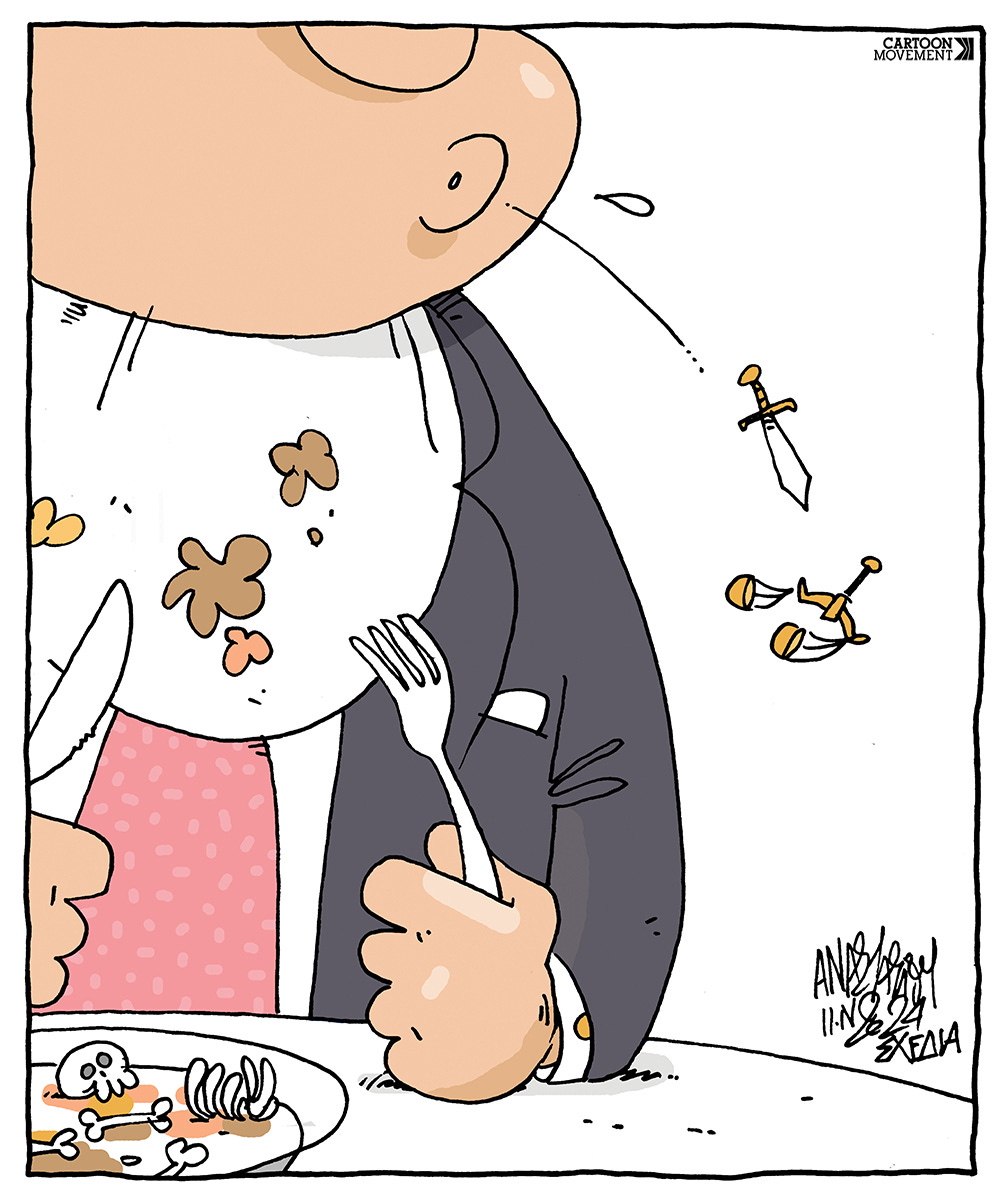 Cartoon showing a big man finishing a big plate of food. Only bones are left on the plate, and the man is spitting out tiny scales and a tiny sword, the symbols of justice.