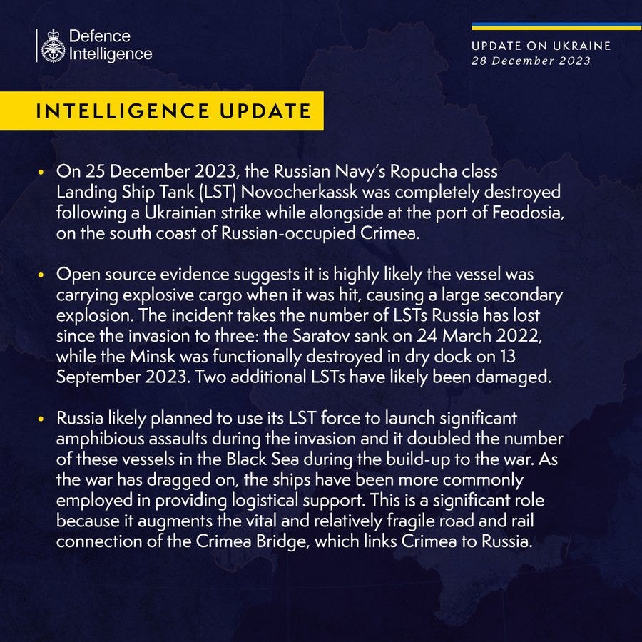 Latest Defence Intelligence update on the situation in Ukraine – 28 December 2023.