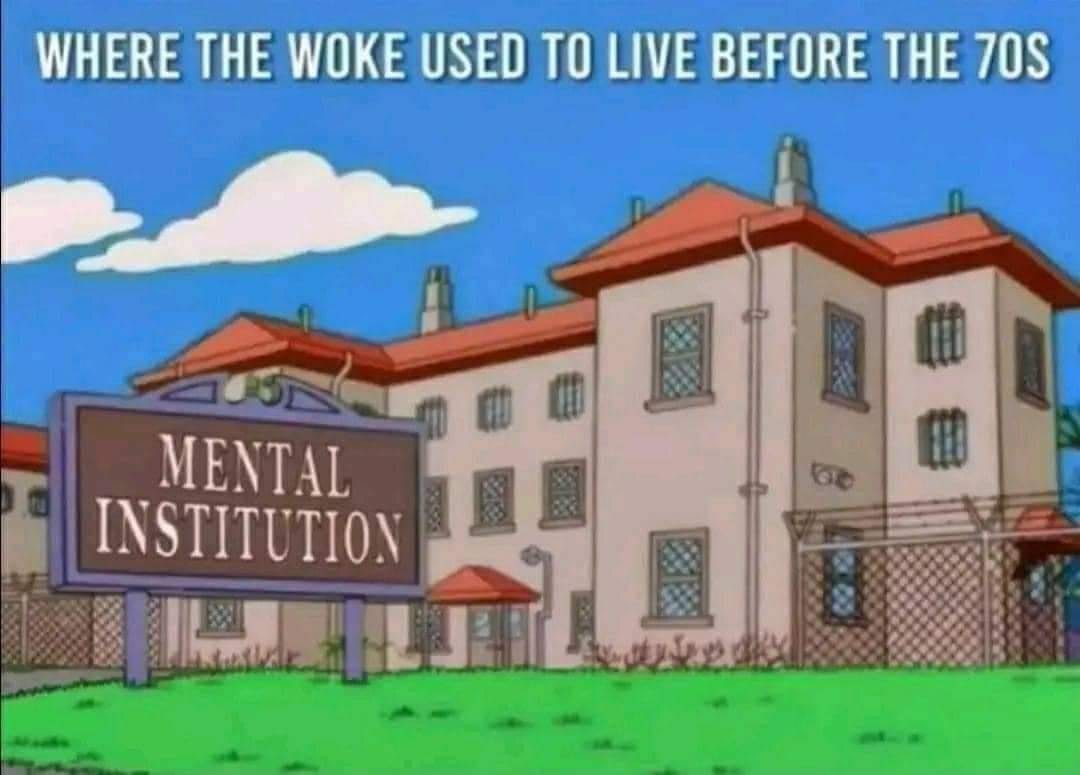 May be an image of text that says 'WHERE THE WOKE USED TO LIVE BEFORE THE 70S 曲 6 MENTAL INSTITUTION IL'