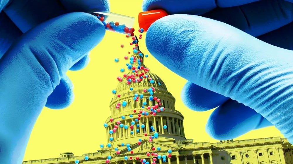 Gloved hands pouring capsules and pills over the U.S. Capitol building, symbolizing Big Pharma's influence on government.