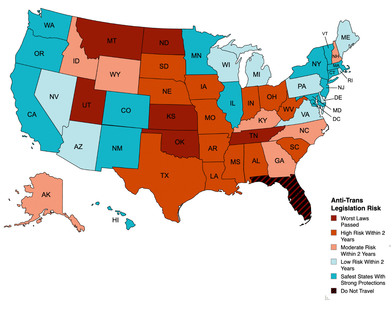 Anti-trans legislative risk assessment map - February Update