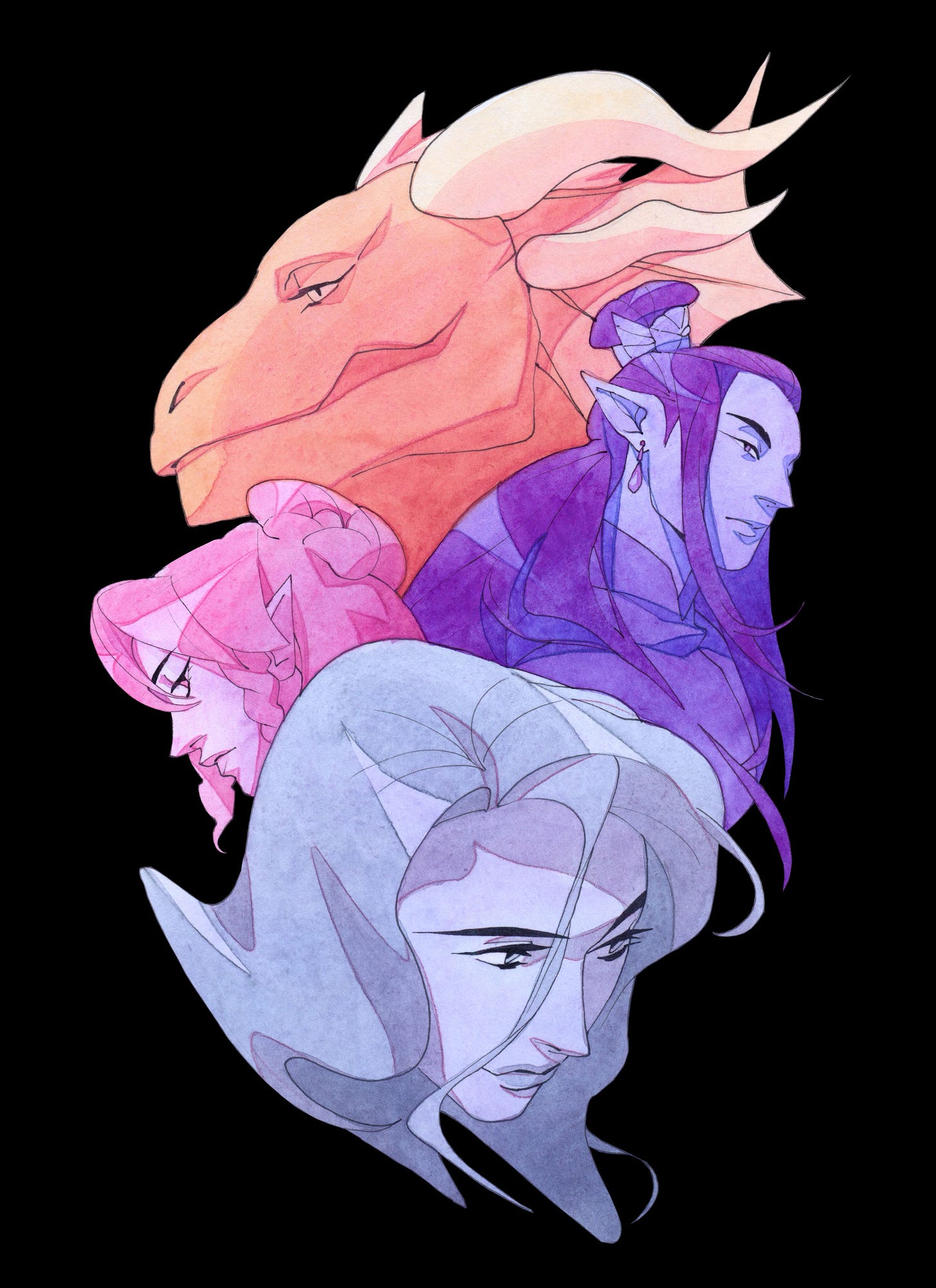 A watercolour illustration of the heads of four D&D characters, an orange dragonborn, a purple drow, a grey elf, and a pink eladrin.