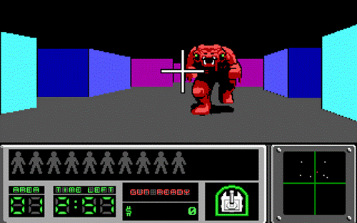 A screenshot from Hovertank 3D, featuring the game's targeting reticule pointing at a mutant in a room with colored, solid walls that lack the kind of texture that would appear in Catacomb 3D.