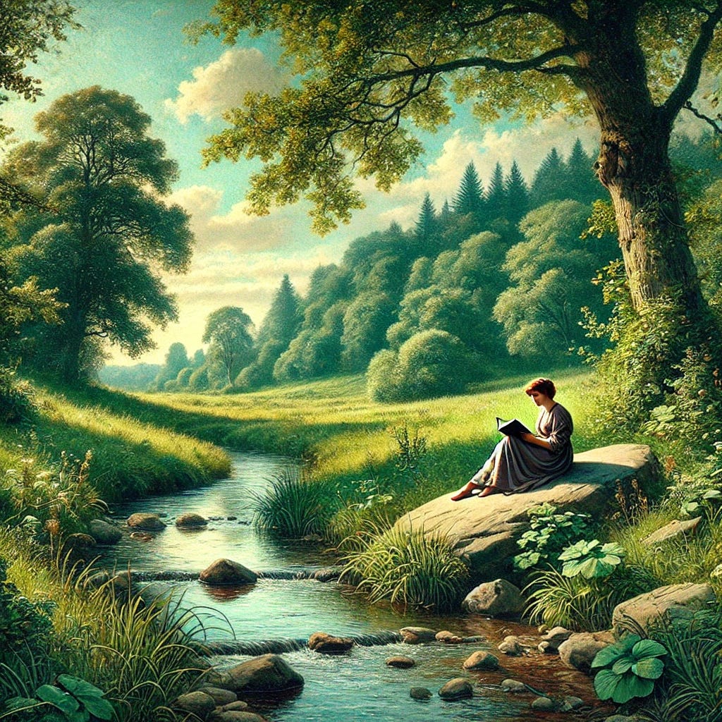 Refining the previous artistic depiction from the book 'The Christian's Secret of a Happy Life'. In this image, the serene landscape of a lush, green meadow under a clear blue sky remains, with a peaceful stream meandering through. The central figure, now larger in the frame, is a woman sitting on a rock by the stream. She is reading a book with a content smile. Her presence is more prominent, emphasizing her peaceful enjoyment of her surroundings. The style remains tranquil and pastoral.