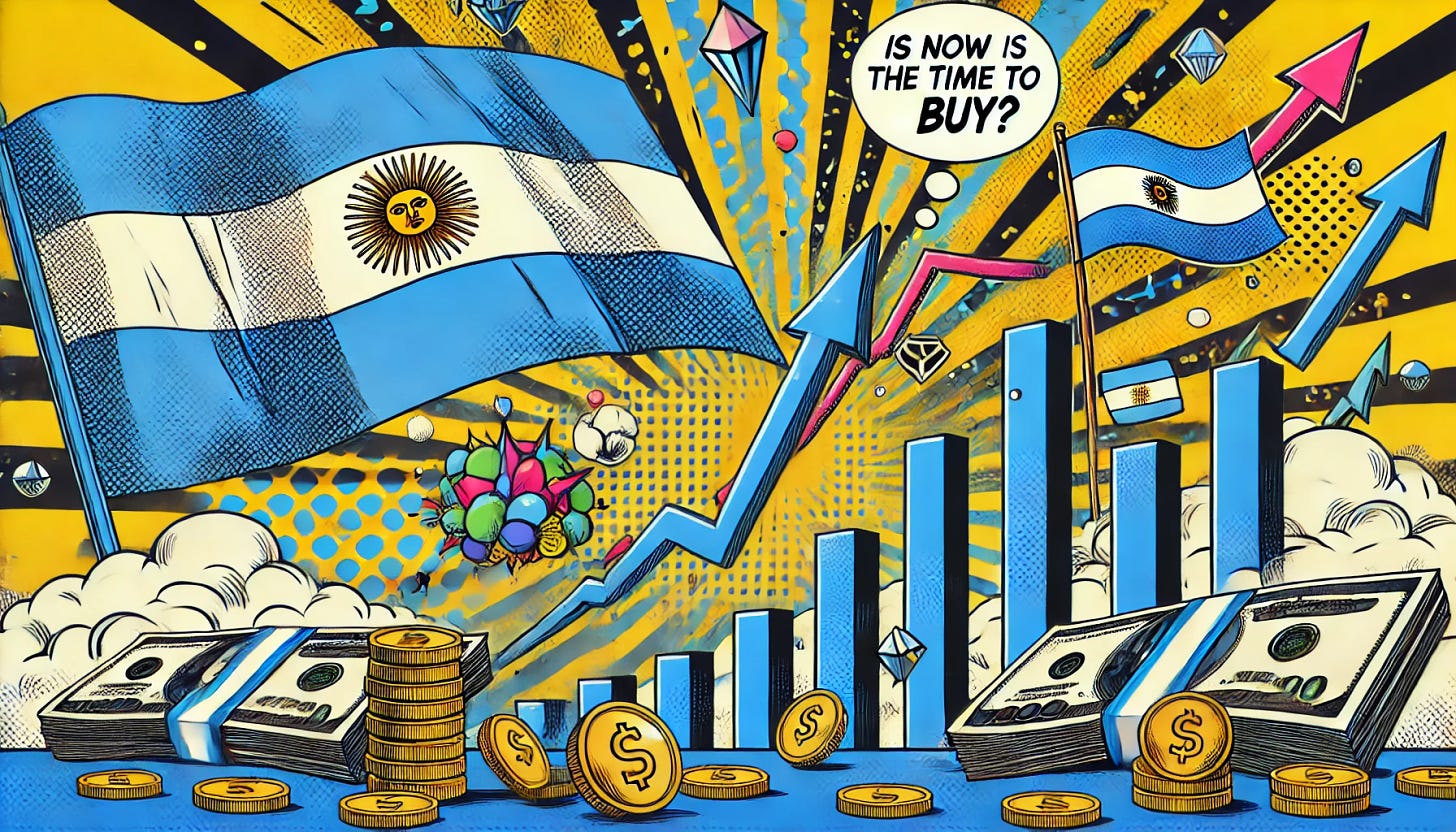 A vibrant, stylized pop-art style illustration depicting the Argentine stock market. The composition includes the Merval index graph skyrocketing with dynamic arrows, the Argentine flag waving in the background, and stacks of coins and cash suggesting economic gains. The image hints at an investment dilemma with a thought bubble reading, 'Is now the time to buy?'. The design features bold lines, vibrant colors like blue, white, and gold, and maintains a 16:9 aspect ratio.