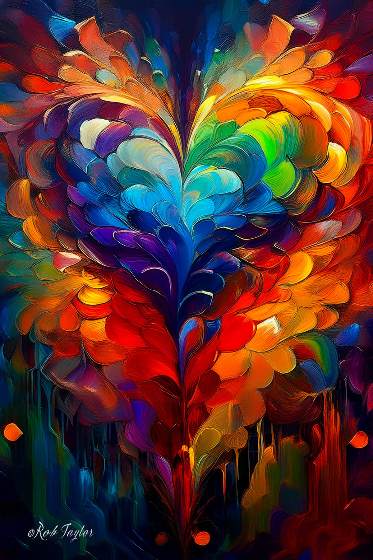 Vivid abstract painting of interwoven colors symbolizing the merging of energies, representing expanded consciousness and unity beyond conventional love.