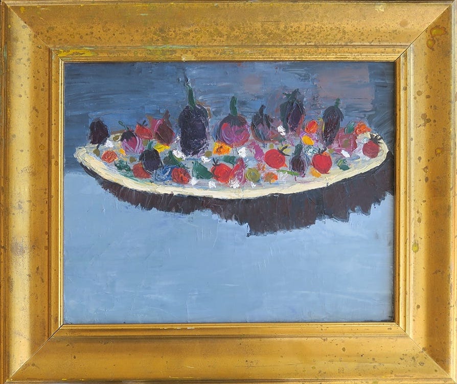 A painting of fruit on a plate

Description automatically generated