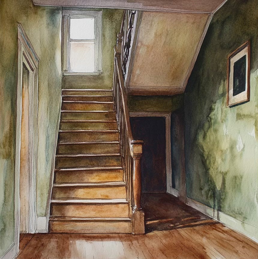 watercolor of a staircase in an American home going to the upstairs