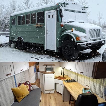 Outside and inside images of a bus converted into living quarters.