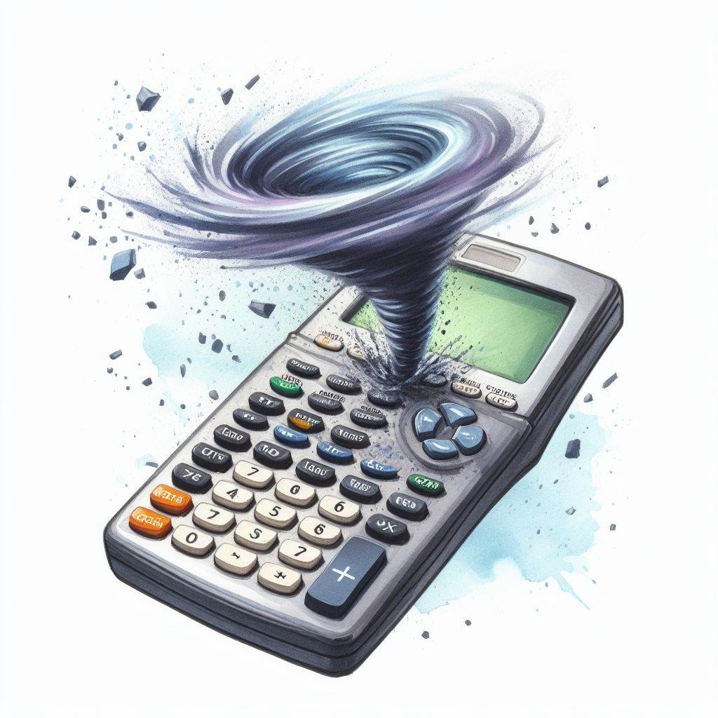 A TI-83 calculator with a tornado spinning out of it, watercolor