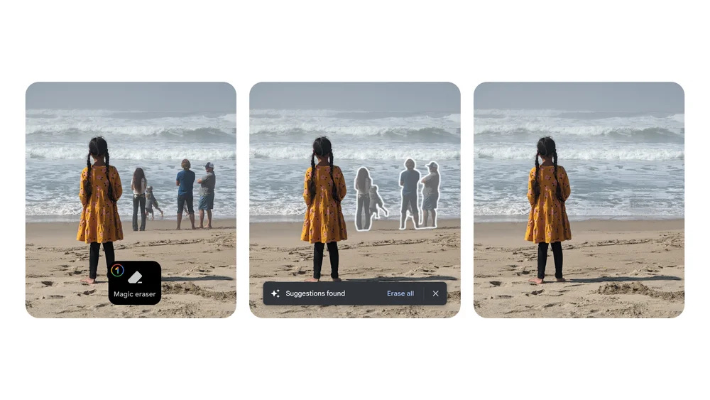 Three images showing the steps of using Magic Eraser in Google Photos.