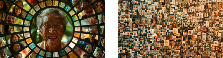 A side-by-side display of two images celebrating diversity and human emotion: on the left, a kaleidoscopic view featuring a central, elderly woman smiling broadly, surrounded by multiple mirrored images of other smiling faces from various angles, all set against a warm, illuminated backdrop; on the right, a vast collage of individual portraits of people of different ages and ethnicities, forming a tapestry of human faces, each square contributing to the collective image of a smiling woman's face.