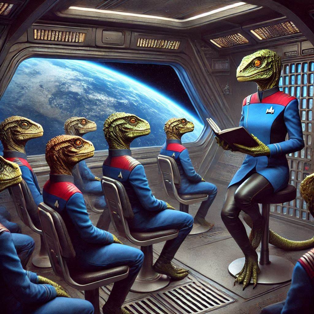 Reptilian female starfleet officer in uniform teaching a group of reptilian cadets sitting in a spaceship. Window shows planet Earth. Digital Art