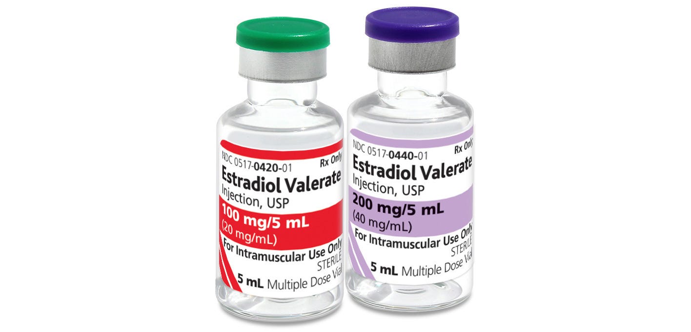 Two vials of estradiol valerate, in two dose concentrations.