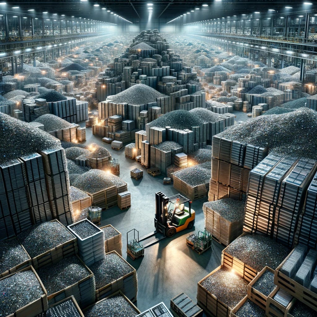 Imagine a vast warehouse within a semiconductor factory, illuminated by overhead lights, filled to the brim with unused semiconductor chips. The scene is a stark representation of overproduction, with mountains of chips piled high on every surface. Forklifts and workers appear minuscule in comparison as they navigate through aisles between these colossal stacks of chips. Some chips are still in their protective packaging, while others are loose, creating a landscape that underscores the enormity of the surplus. The atmosphere is one of both awe and slight disarray, highlighting the challenges of managing such an overwhelming abundance of product.