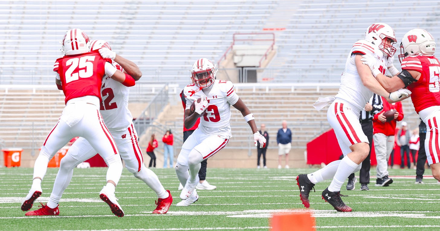 Wisconsin Badgers WR Eugene Hilton Jr. carries the football at the Spring Showcase 