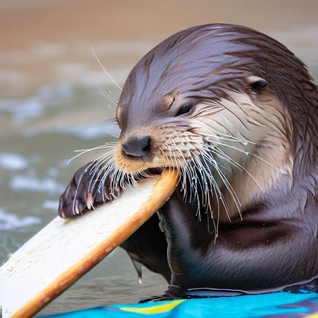 An adorable sea otter chewing on a surfboard. The otter should actually be chewing on the board, and looking quite motivated to eat it all