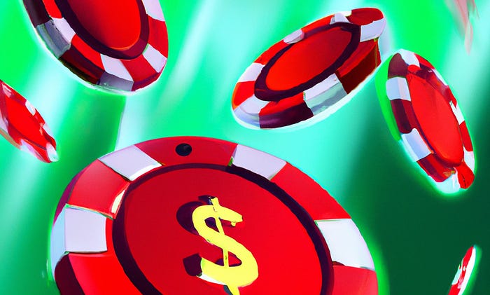 Digital art of a red poker chips flying through the air on a green background. Digital art of a red poker chips flying through the air on a green background.