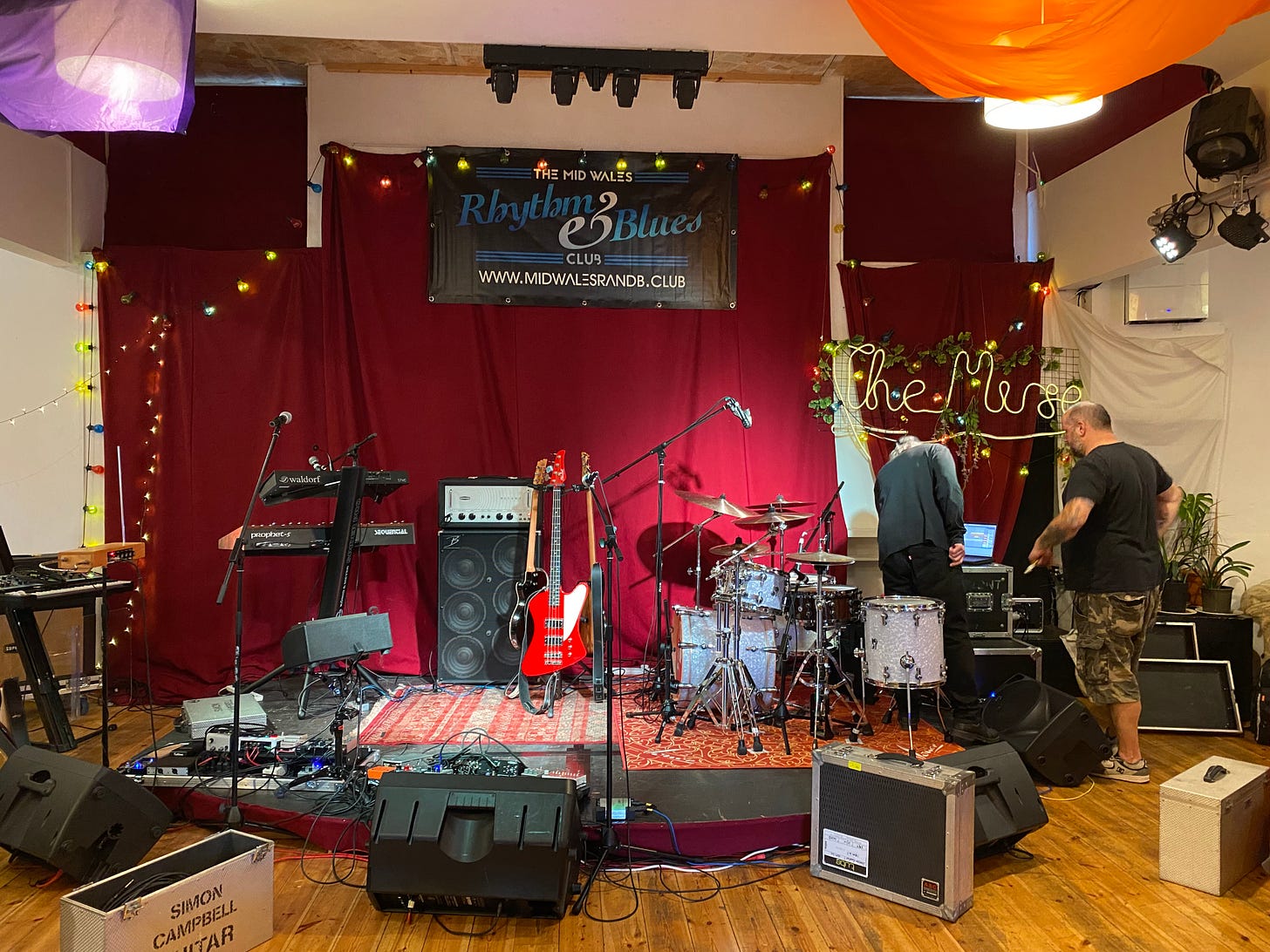 A stage with losts of musical equipment at The Muse, Brecon - Starlite & Campbell concert