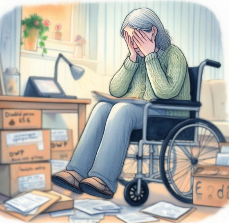 A gentle watercolor-style illustration showing a distressed individual sitting in a dimly lit room. They are positioned near a small table cluttered with unopened letters and forms marked 'DWP'. The individual appears anxious, with hands clasped tightly together and a worried expression, conveying the emotional strain of awaiting critical correspondence. The muted tones and soft brushstrokes evoke a somber, reflective atmosphere.
