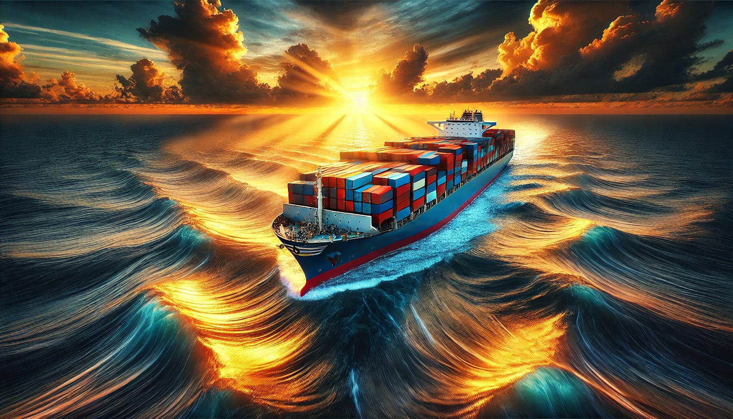 A majestic containership sailing through the open ocean at sunset, surrounded by golden-hued waves. The ship is fully loaded with colorful containers stacked high, reflecting the warm glow of the setting sun. The sky is a blend of deep blues, oranges, and purples, with dramatic clouds adding to the grandeur. The ocean surface is calm but dynamic, capturing the vastness and beauty of maritime trade. The lighting enhances the ship’s metallic structure, creating a breathtaking and awe-inspiring scene.