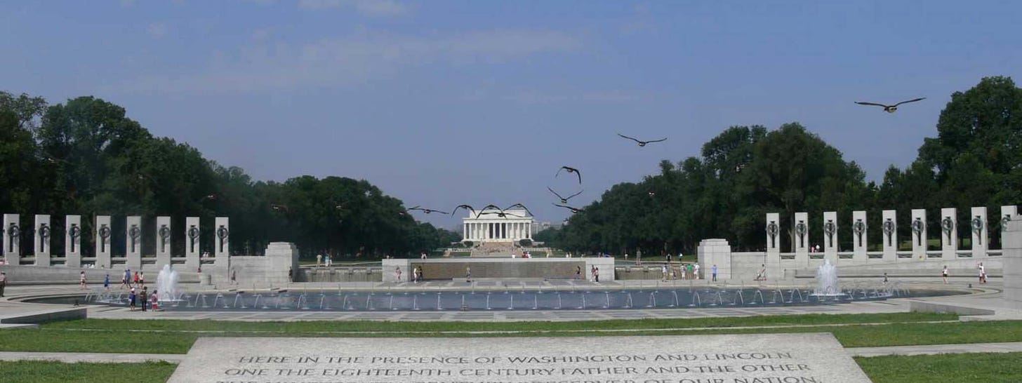 Photo of geese flying over the National Mall memorials in Washington DC